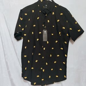 Visive Mens Medium Taco Print Short Sleeve Button Down Shirt Black Cotton NWT D